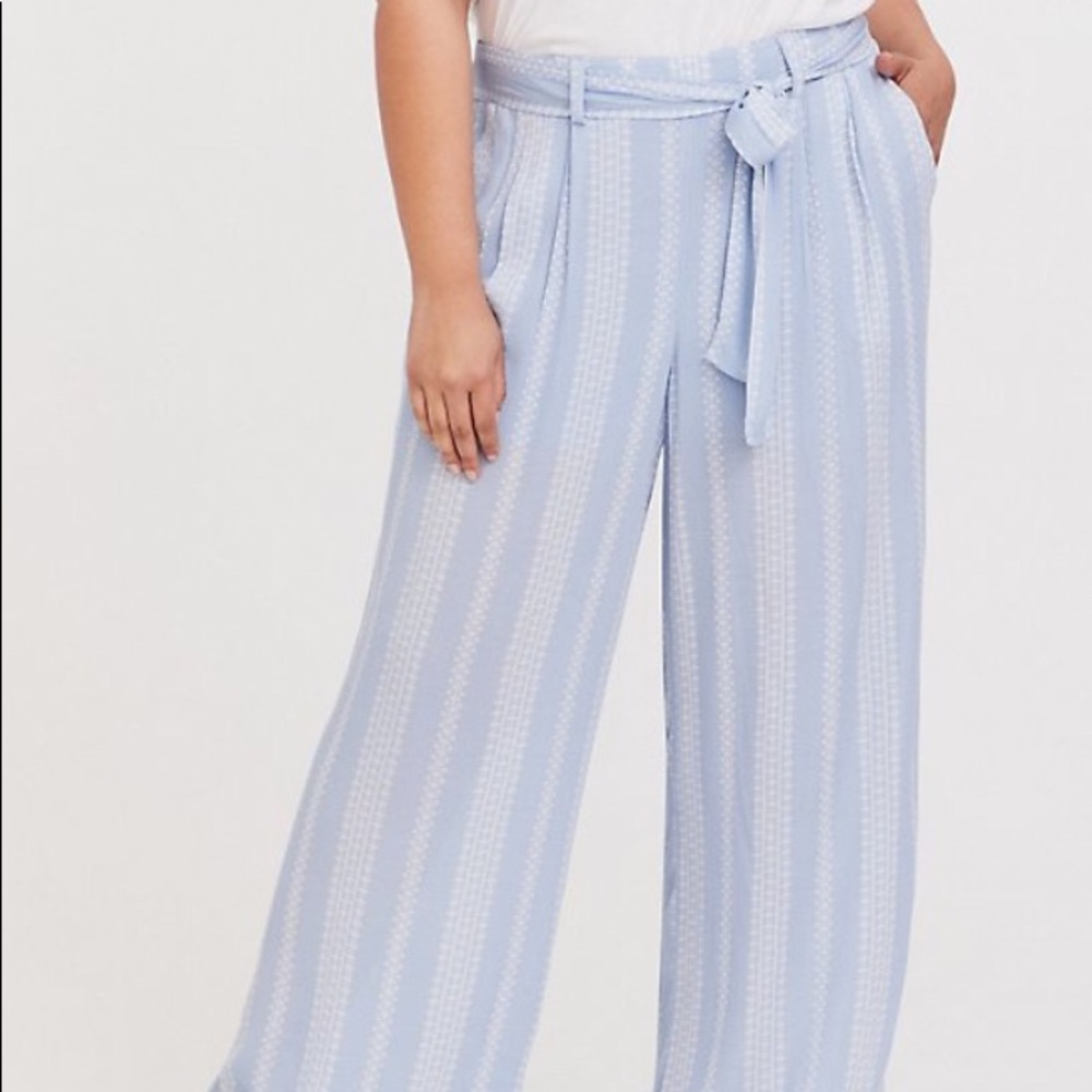 Torrid Light Blue Geo Stripe Gauze Self Tie Wide Leg Pant - Picture 2 of 9